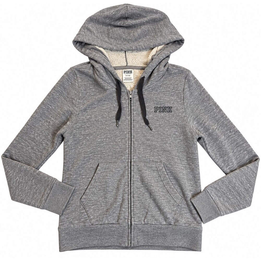 Victoria’s Secret PINK Gray Sherpa Lined Full Zip Hoodie Sweatshirt Size M Y2k